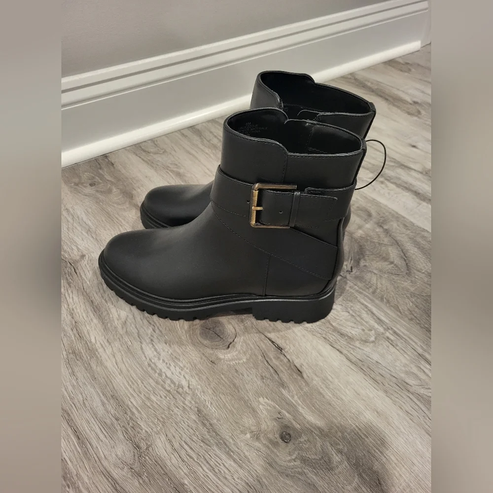 Black Ankle Boots with Gold Buckle - Picture 2 of 5